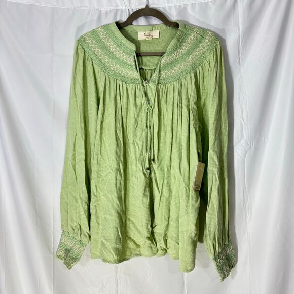 Nurture by Westbound Plus Size 2X Smocked Woven Long Sleeve Button-Front Top - Picture 2 of 5